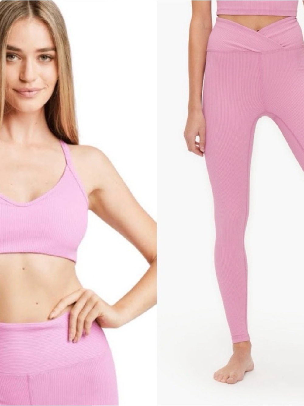 Year of Ours Pink Ribbed Curved Bralette and Veronica Cross Over Leggings